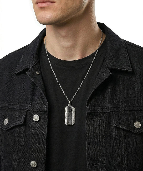 Men's silver dog tag pendant with black and lab-grown diamonds