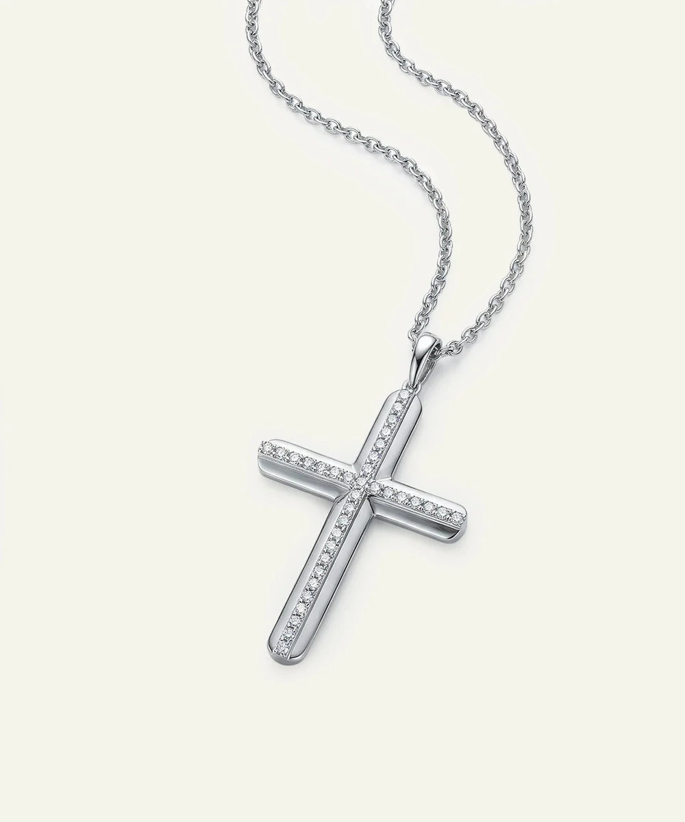 Silver cross pendant with round lab-grown diamonds for men