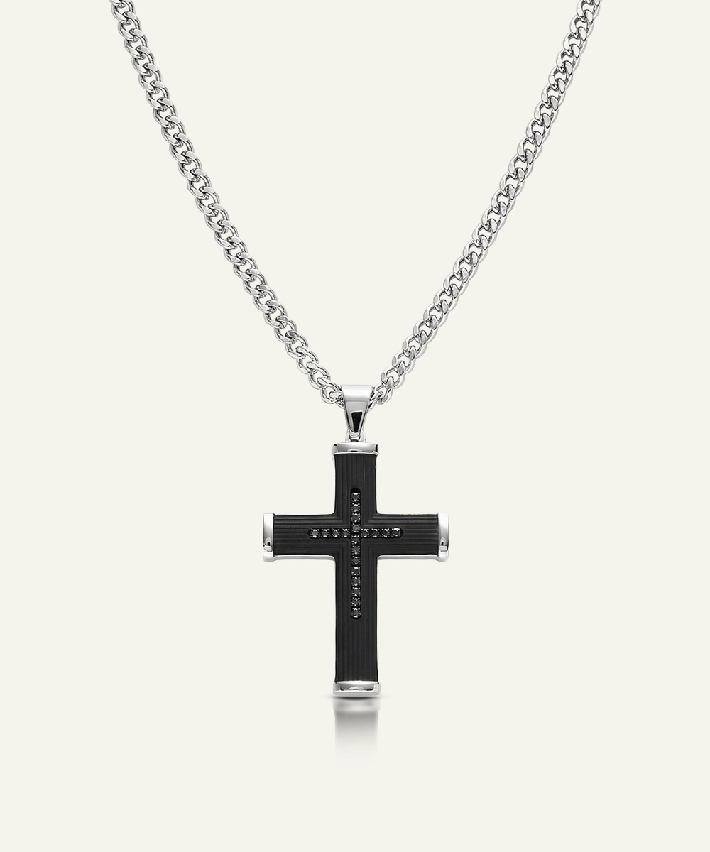 Black Cubic Zirconia Stainless Steel Cross Pendant