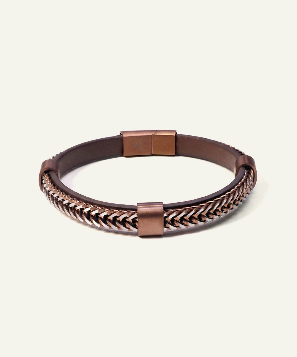 Bronze And Steel Colored Pu Rope Leather Bracelet