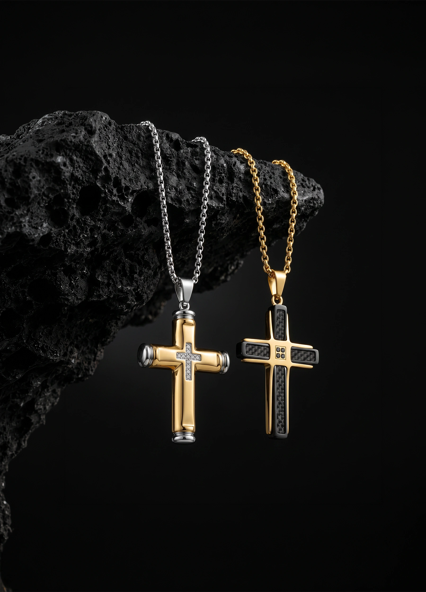 Gold and silver cross pendant necklaces with black accents
