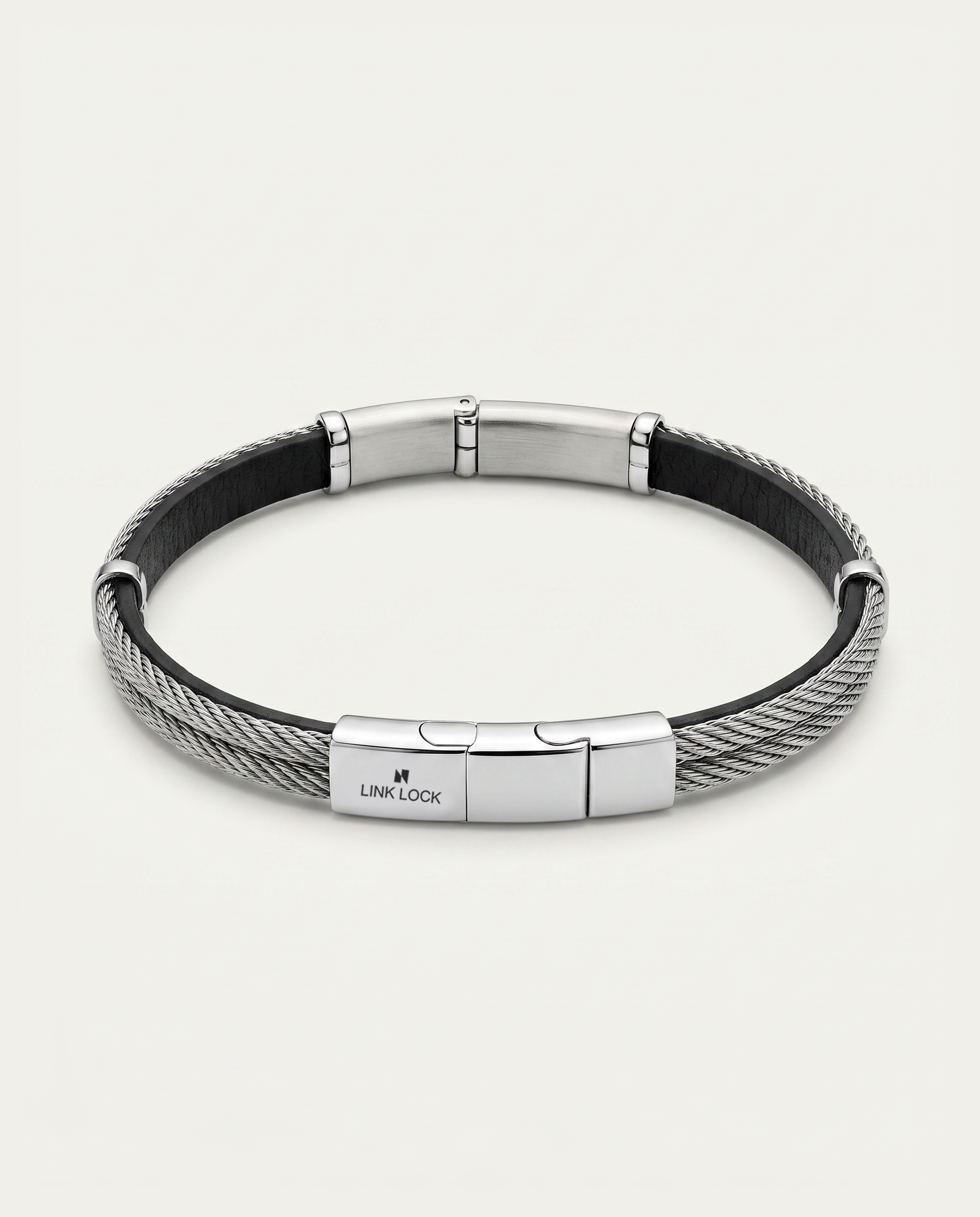Stainless Steel Black Leather ID Bracelet